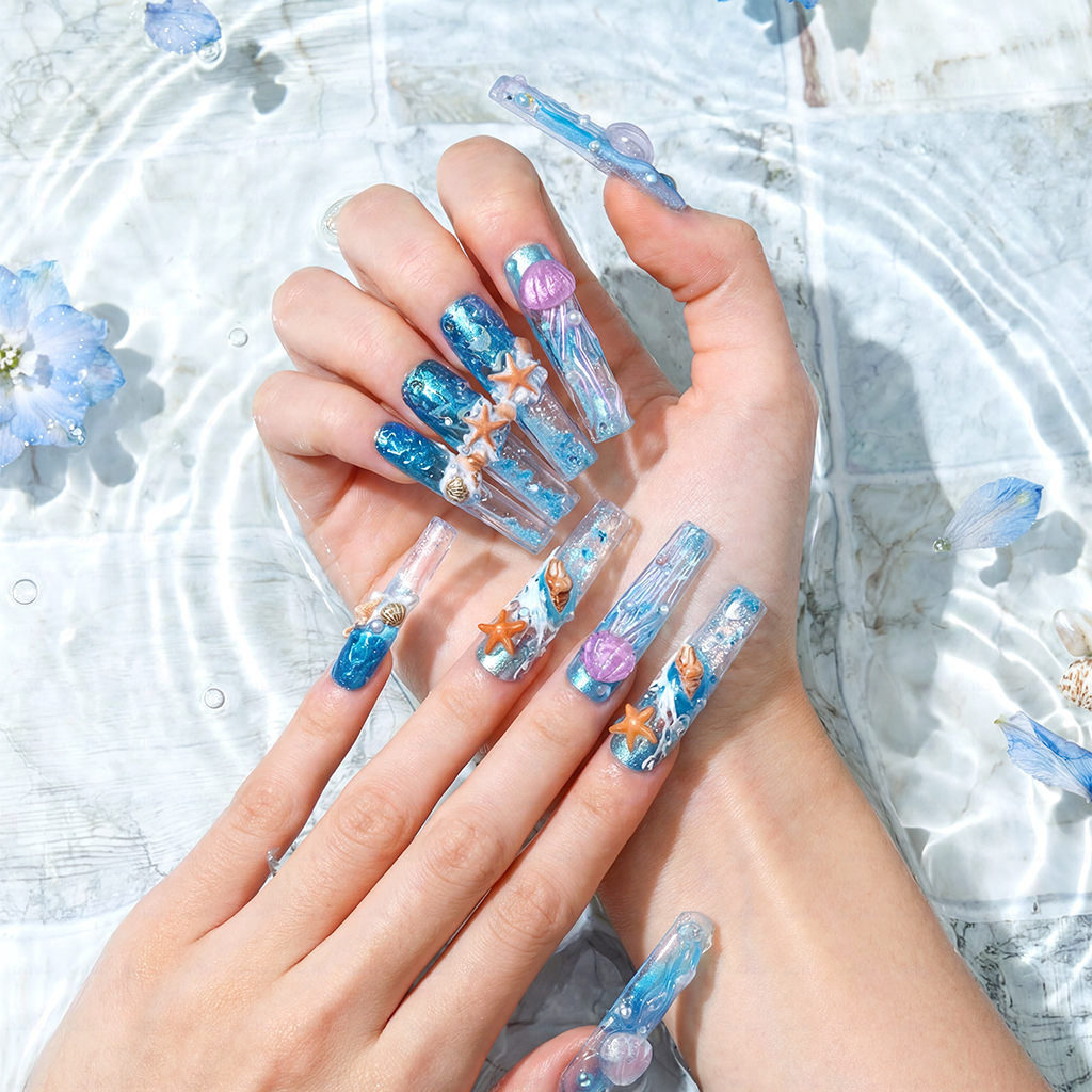 Ocean Whisper - Ocean Blue Long Coffin Press-Ons with Jellyfish & Starfish Charms