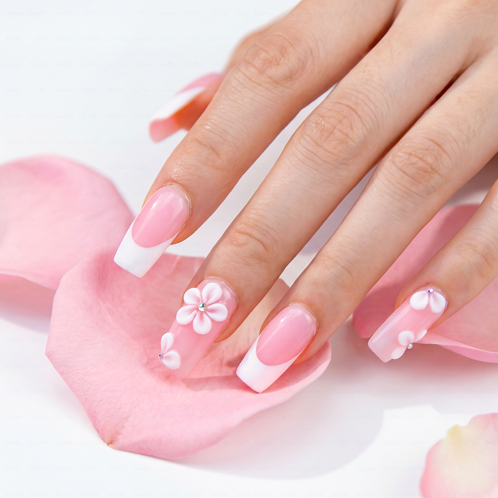 Blush Bloom – Soft Pink Medium Square Press-Ons with French Tips & 3D Floral Accents