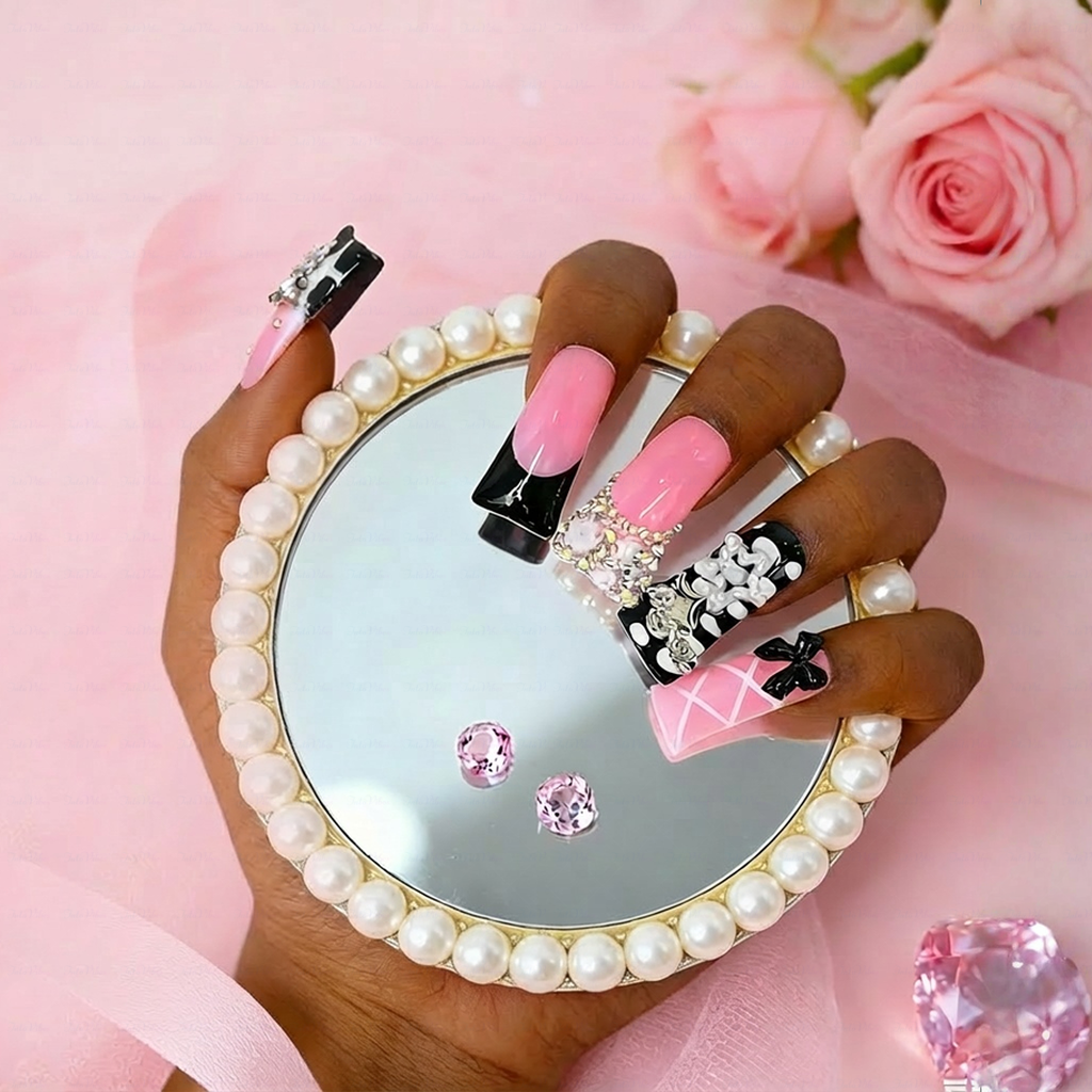 Sugar Bite – Sweet Pink Long Duck Press-Ons  with Pearl Bow & Rhinestone Charm