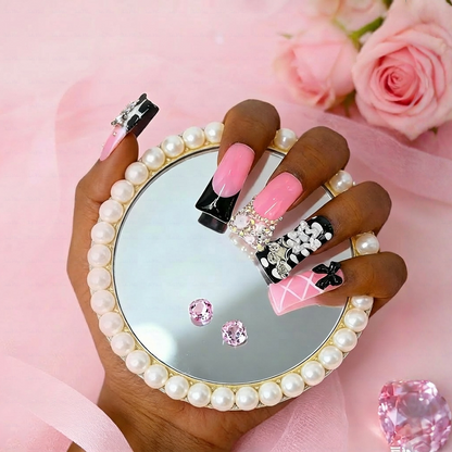 Sugar Bite – Sweet Pink Long Duck Press-Ons  with Pearl Bow & Rhinestone Charm