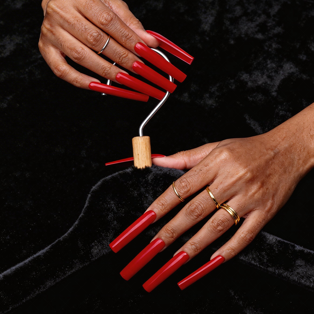 Ruby Red-Bright Red Long Square Press-Ons with High Gloss Solid Finish