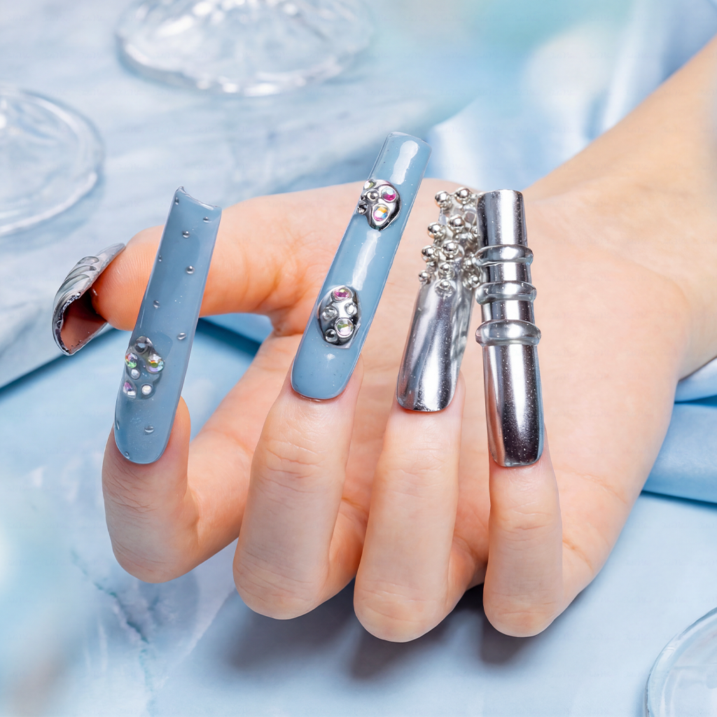 Chrome Frost – Slate Blue & Silver Long Square Press-Ons with Crystal Accents