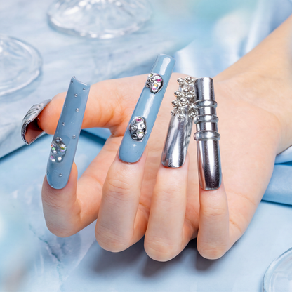 Chrome Frost – Slate Blue & Silver Long Square Press-Ons with Crystal Accents