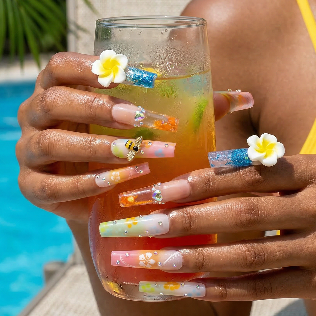 Plumeria Honey Bee  Pastel Rainbow Long Square Water Press-Ons with 3D Flower & Bee Charms