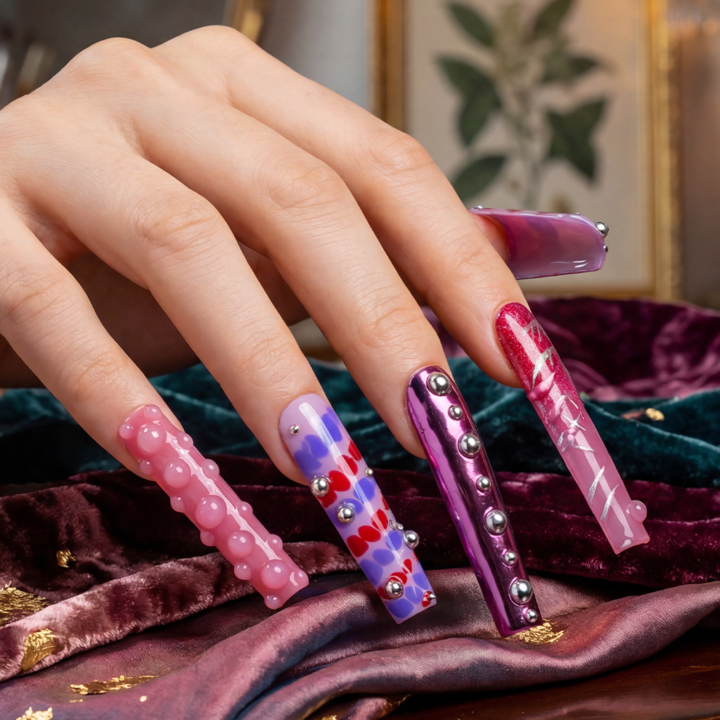 Pink Pop Art – Multi-Tone Long Square Press-Ons with 3D Dot & Stud Accents