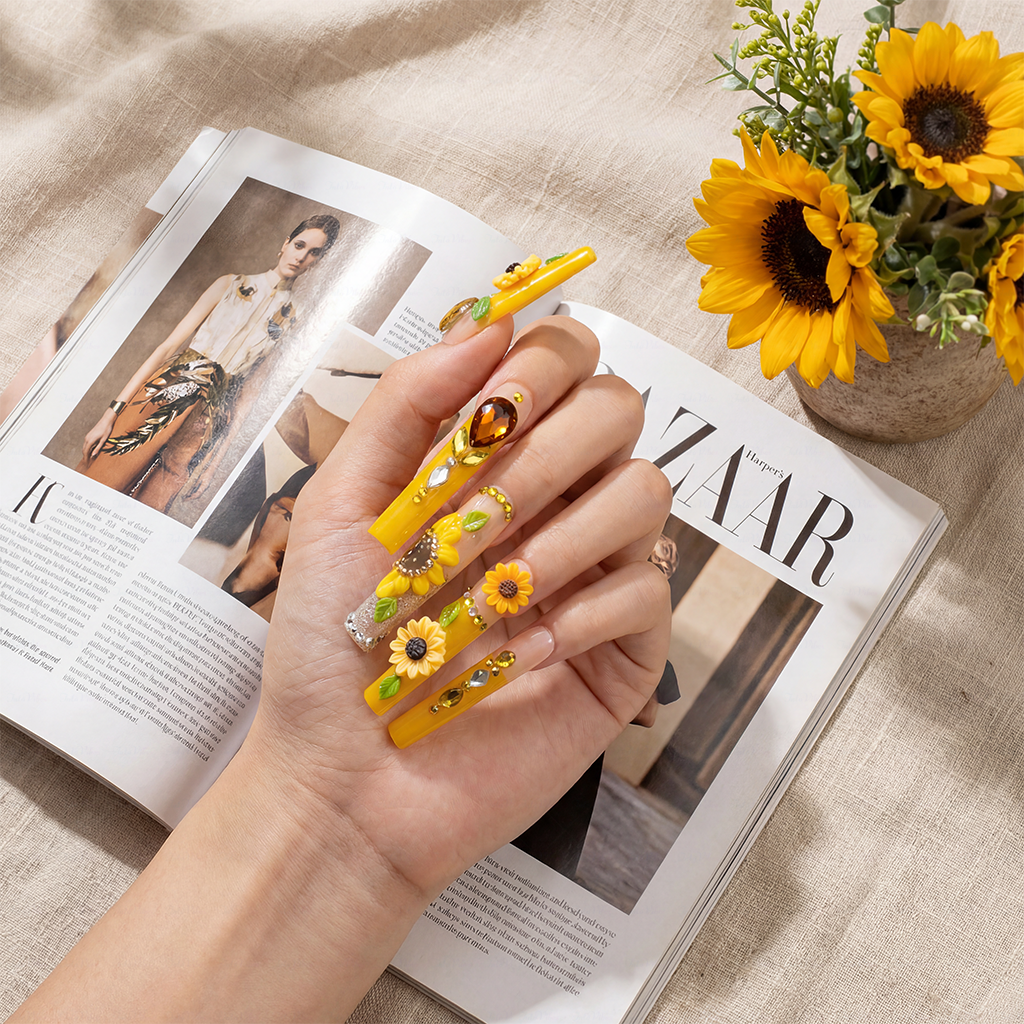 Sunflower Glow-Bright Yellow Long Square Press-Ons with 3D Sunflower & Gem Accents