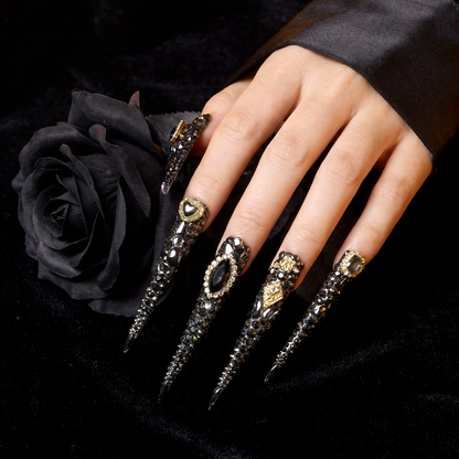 Noir Bling – Gunmetal Black Long Stiletto Press-Ons with Full Rhinestone & Vintage Gold Accents