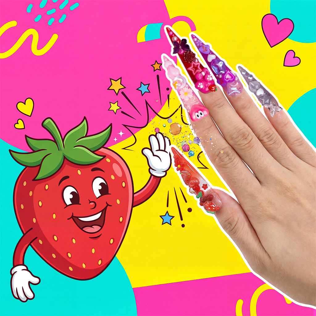 Candy Rainbow-Multi-Color Extra Long Stiletto Press-Ons with 3D Cartoon Fruit & Star Charms