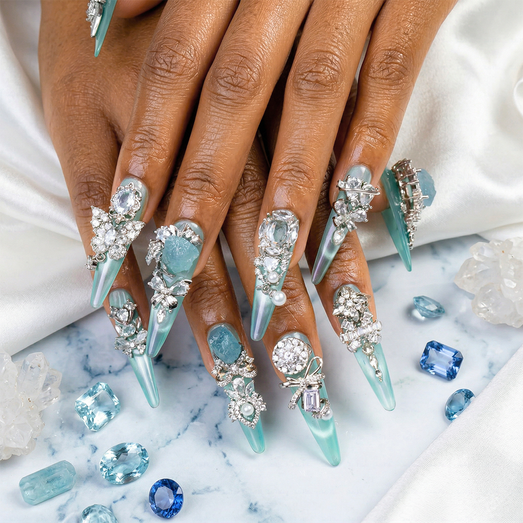 Made-to-Order | Aqua Crystal Princess – Turquoise Glossy Long Stiletto Press-Ons with Silver Rhinestone