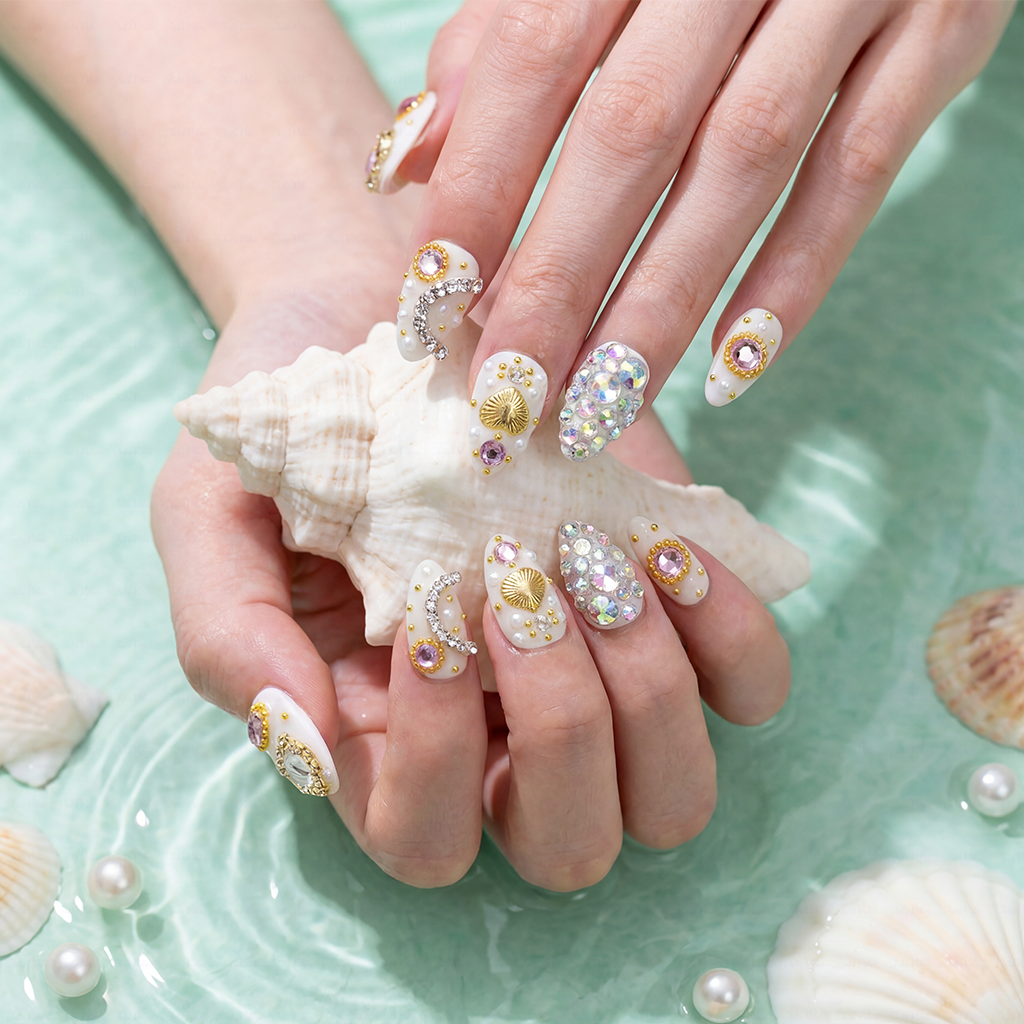 Pearl Glitz – Milky White Short Almond Press-Ons with Heart Gem & Full Rhinestone Accents
