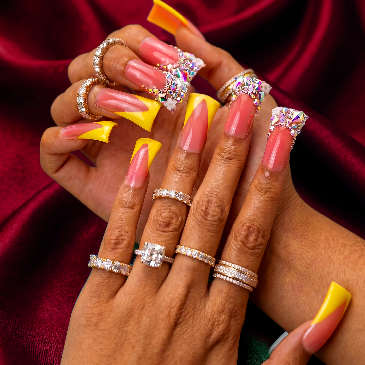 Sunny Yellow V French – Nude & Bright Yellow Long Duck Press-Ons with Iridescent Rhinestone Accents