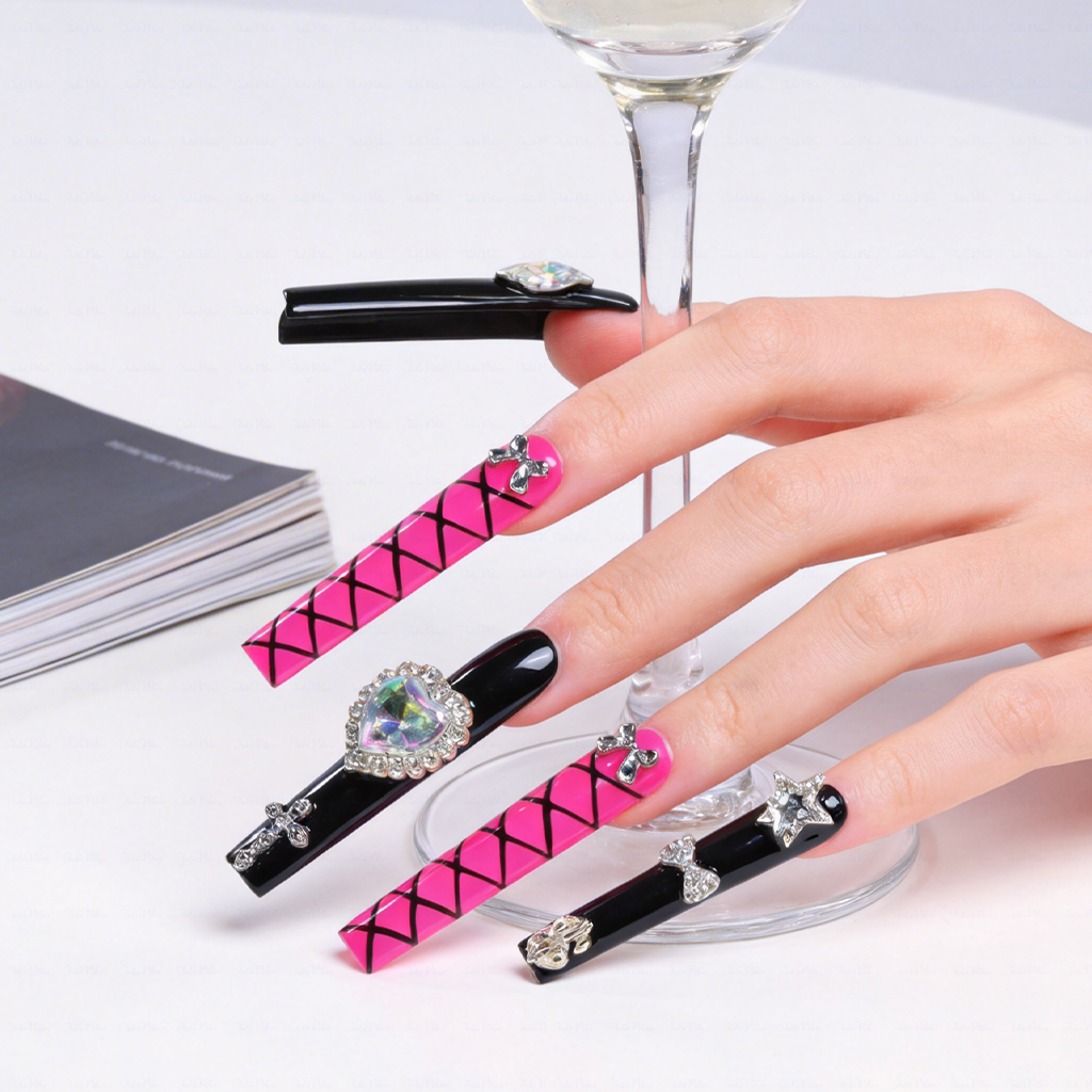 Baddie Glitz – Hot Pink & Black Long Square Press-Ons with Heart Gem & Cross Charms
