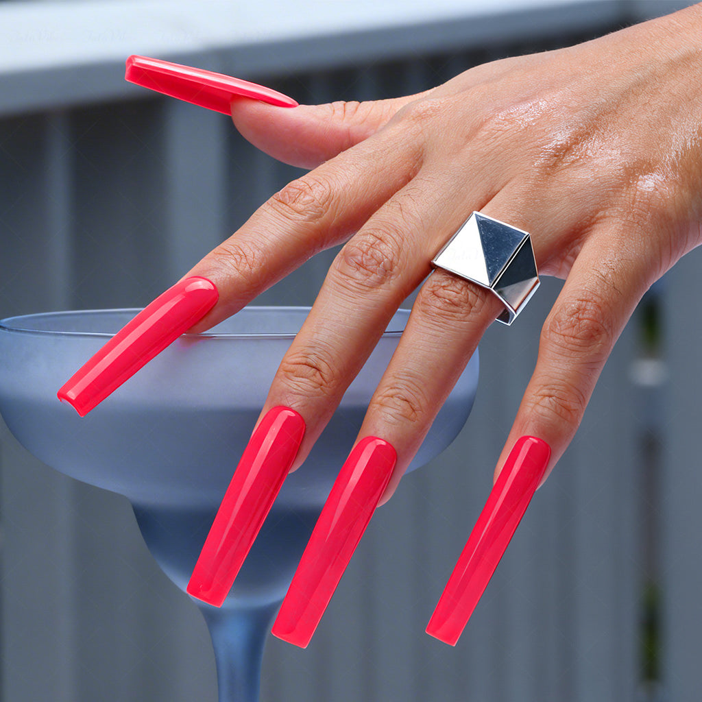 Neon Hot Pink  Bright Pink Long Square Press-Ons with High Gloss Solid Finish