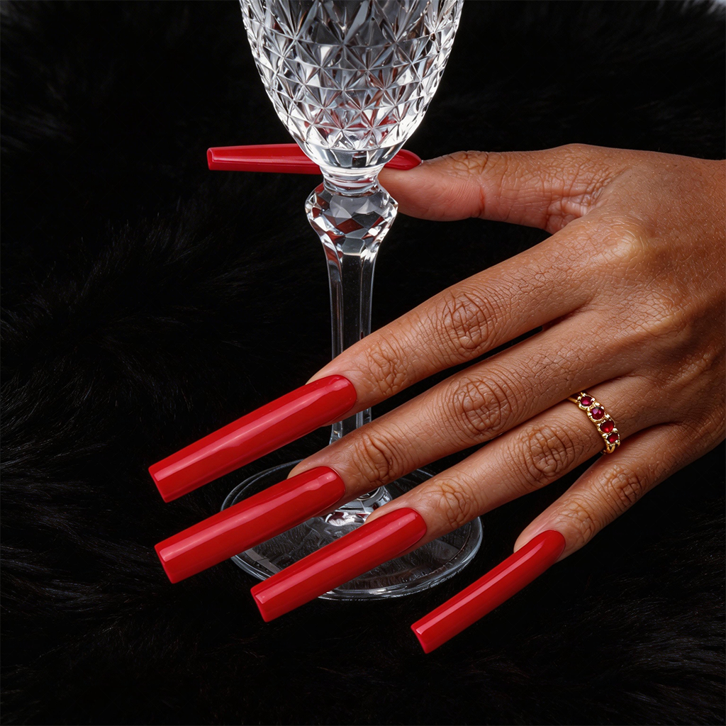 Ruby Red-Bright Red Long Square Press-Ons with High Gloss Solid Finish