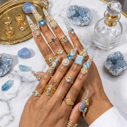 Made-to-Order | Icy Celestial Princess – Iridescent White & Aqua Long Stiletto Press-Ons with Gold Gem Charms