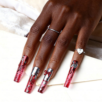 Lava Heart  Red & Silver Long Square Water Press-Ons with Metal Lava & Lock & Key Charms