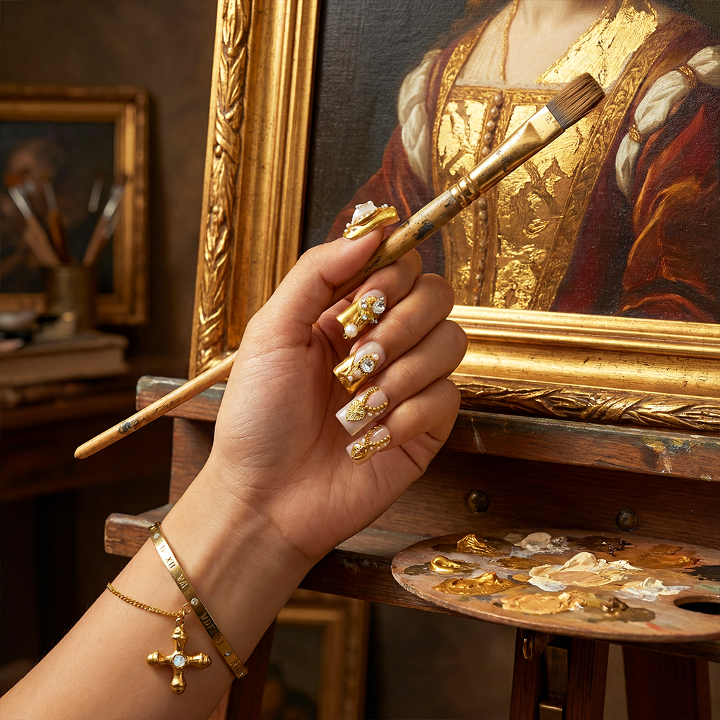 Baroque Angel – Gold & Milky White Short Duck Press-Ons with 3D Angel & Virgin Mary Charms