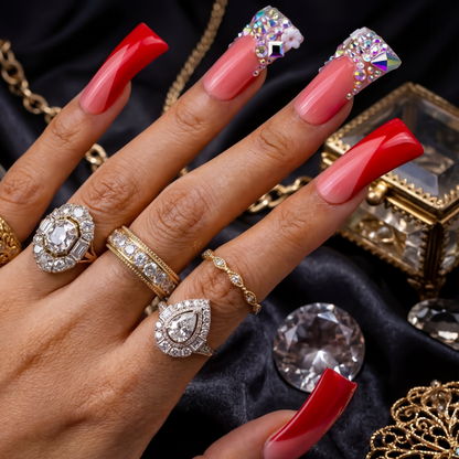 Ruby V French  Nude & Red Long Duck Press-Ons with Iridescent Rhinestone Accents