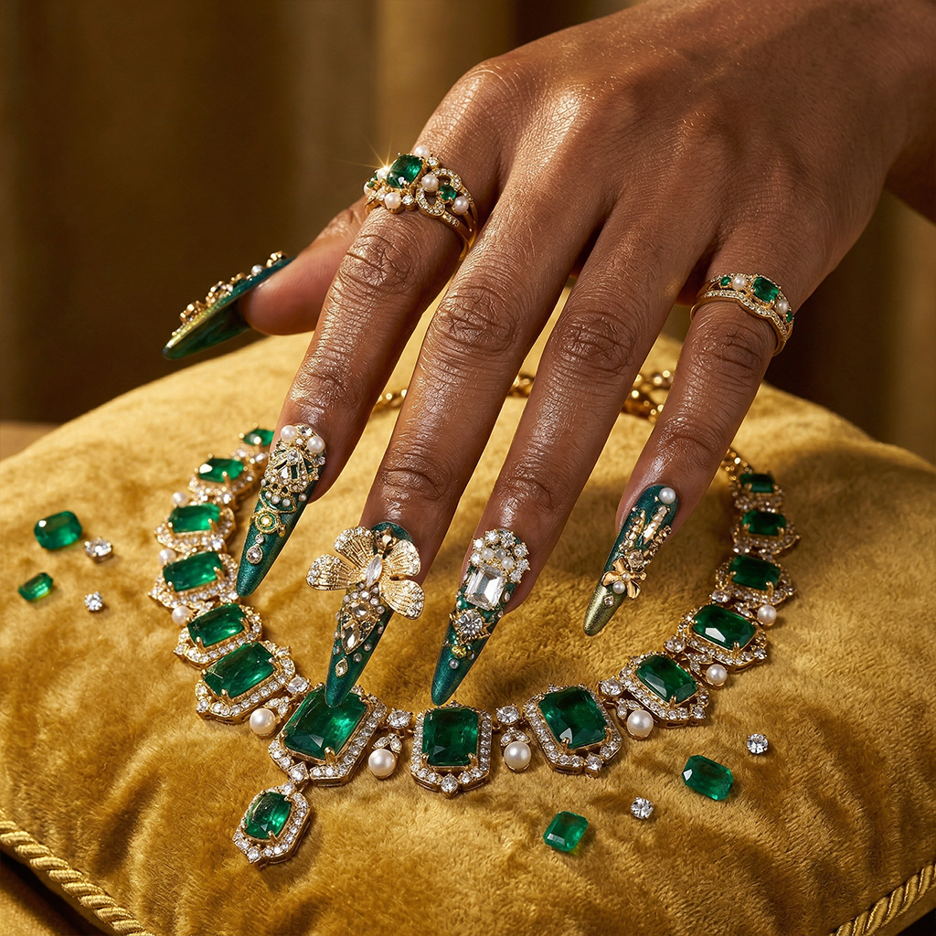 Made-to-Order | Emerald Royal Baroque – Green & Gold Long Stiletto Press-Ons with Vintage Gem Charms
