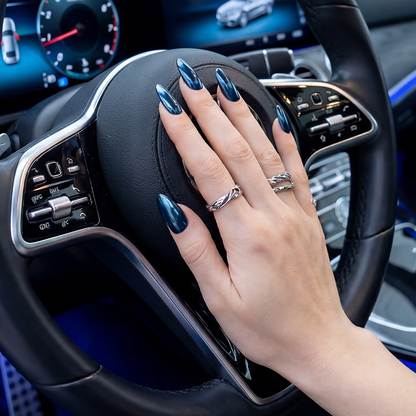 Navy Chrome – Deep Blue Metallic Medium Almond Press-Ons with Mirror Gloss Finish