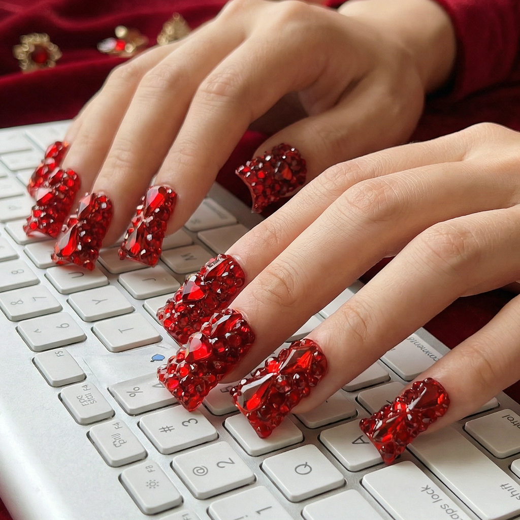 Scarlet Blaze Hand & Foot Set – Red Crystal-Encrusted Press-Ons