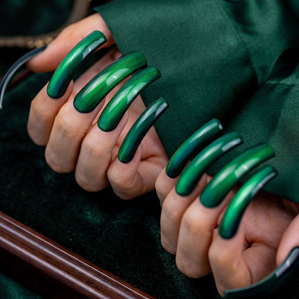 Emerald Glow – Emerald Green Long Downward Curved Press-Ons with Magnetic Light-Shifting Cat Eye Finish