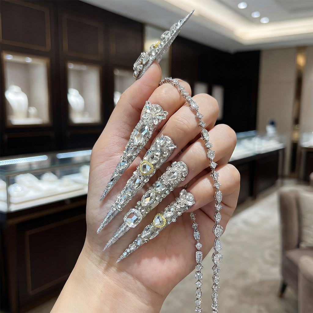 Diamond Spike – Silver Glitter Stiletto Press-Ons with Full Rhinestone Coverage