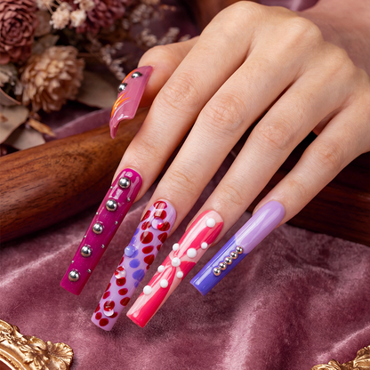 Pink Pop Art – Multi-Tone Long Square Press-Ons with 3D Dot & Stud Accents