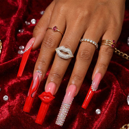 3D Lip French  Red & Nude Long Square Press-Ons with 3D Lip Charms & Rhinestone Details