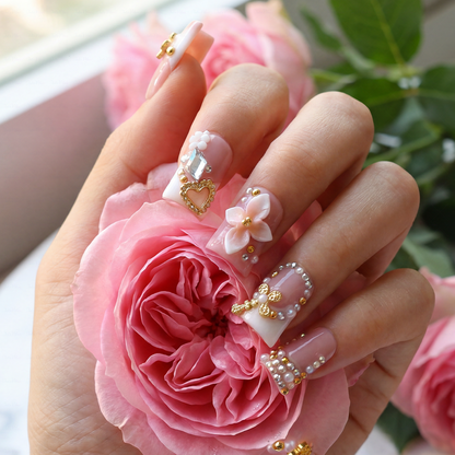 Butterfly Bloom-Nude Pink Short Duck Press-Ons with 3D Floral & Gold Butterfly Charms