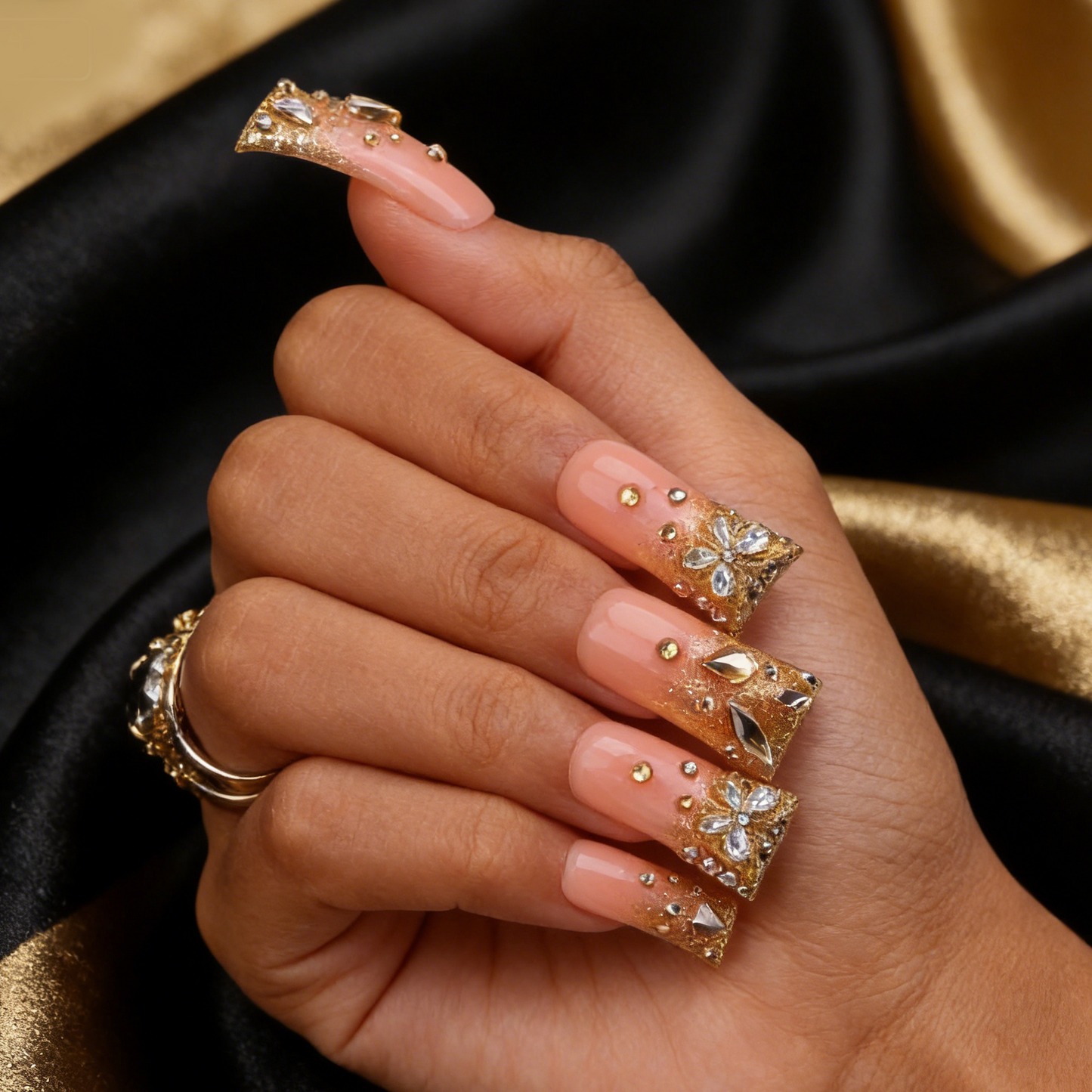 Golden Butterfly – Nude & Gold Long Duck Press-Ons with Butterfly Rhinestone Accents