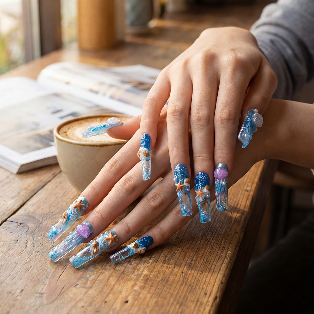 Ocean Whisper - Ocean Blue Long Coffin Press-Ons with Jellyfish & Starfish Charms
