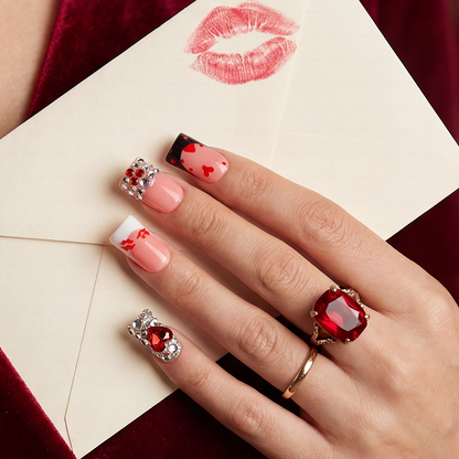 Lipstick Babe-Nude & Red Short Duck Press-Ons with 3D Lip & Heart Gem Accents