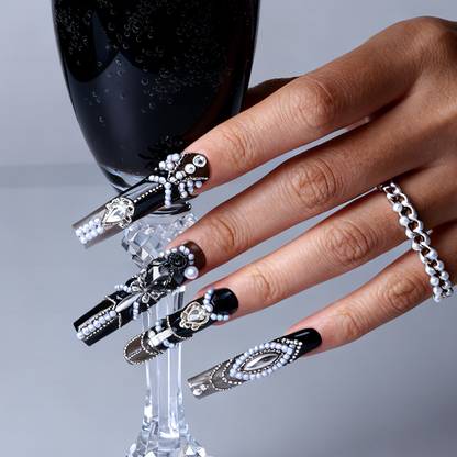 Gothic Baroque-Black & Brown Long Square Press-Ons with Pearl Rose & Butterfly Charms