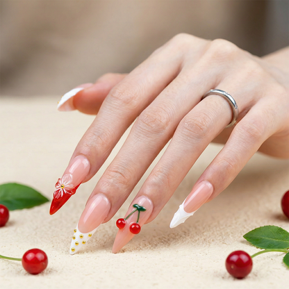 Cherry Bloom – Long Stiletto Press-Ons with Cherry & Floral Accents