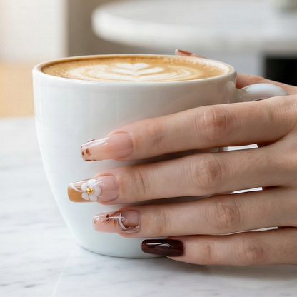 Latte Swirl – Nude Brown Medium Square Press-Ons with Marble Swirl & 3D Floral Accents