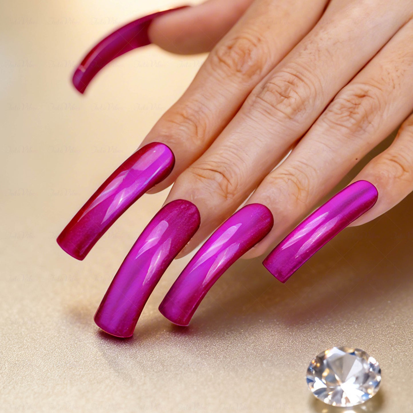 Magenta Glow-Fuchsia Pink Long Downward Curved Press-Ons with Magnetic Cat Eye Gloss Finish