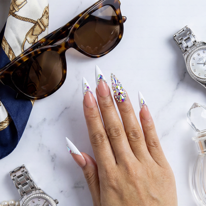 French Glitz – Nude & White Long Almond Press-Ons with French Tips & Iridescent Rhinestone Accents