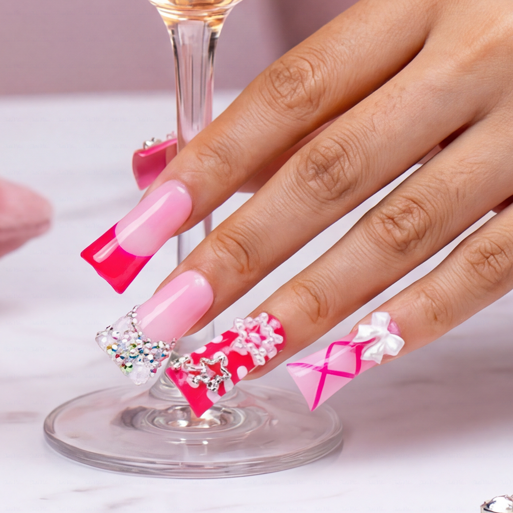 Bubblegum Glam – Pink Ombré Long Duck Press-Ons with Star & Bow Accents