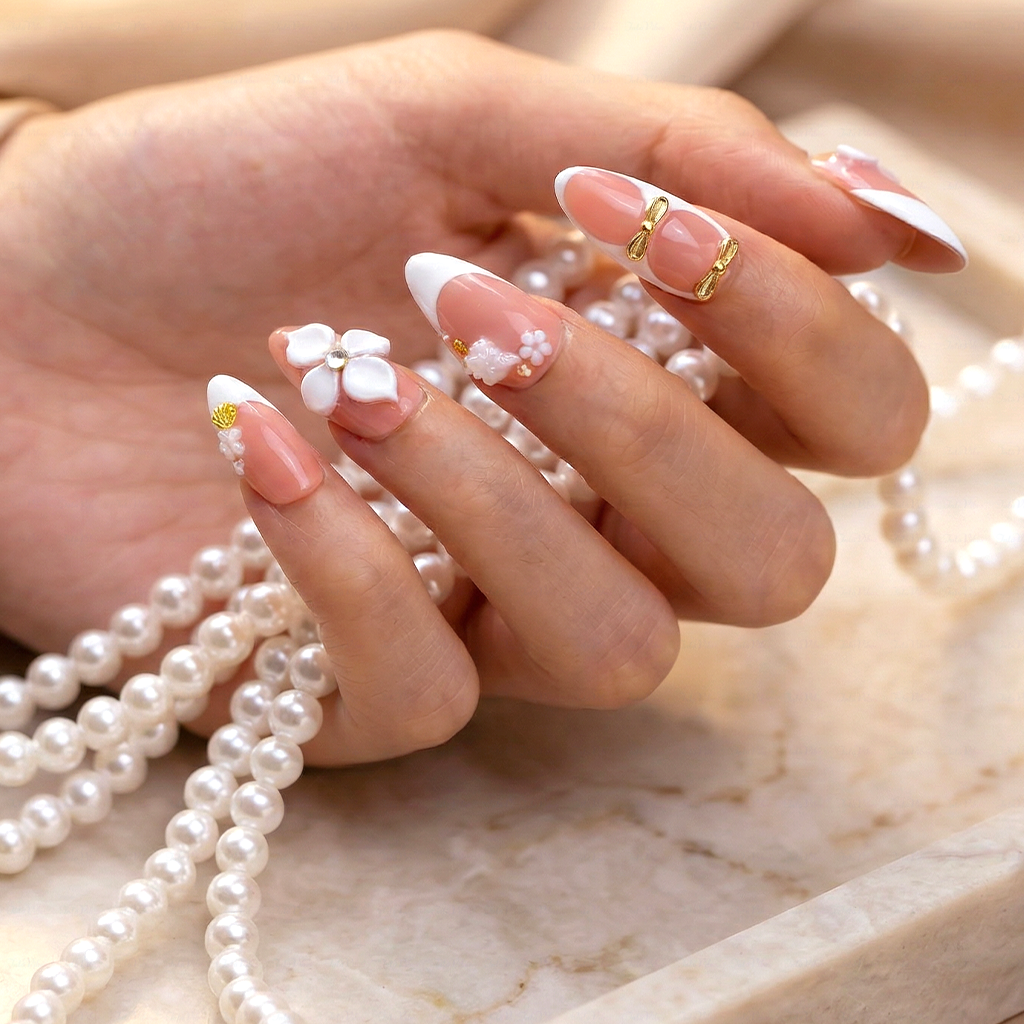 Peach Whisper – Soft Peach Short Almond Press-Ons with 3D Flower, Gold Bow & French Tip Detail