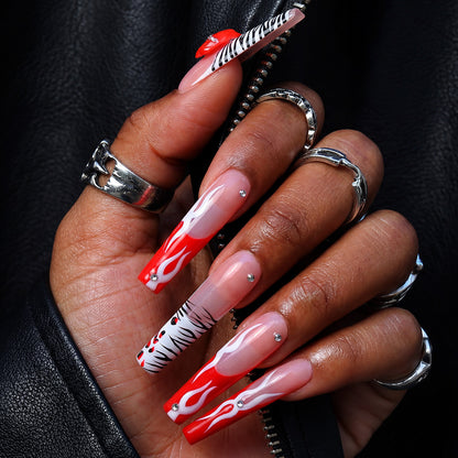 Flame Lip  Red & Nude Long Square Press-Ons with 3D Lip & Flame Accents