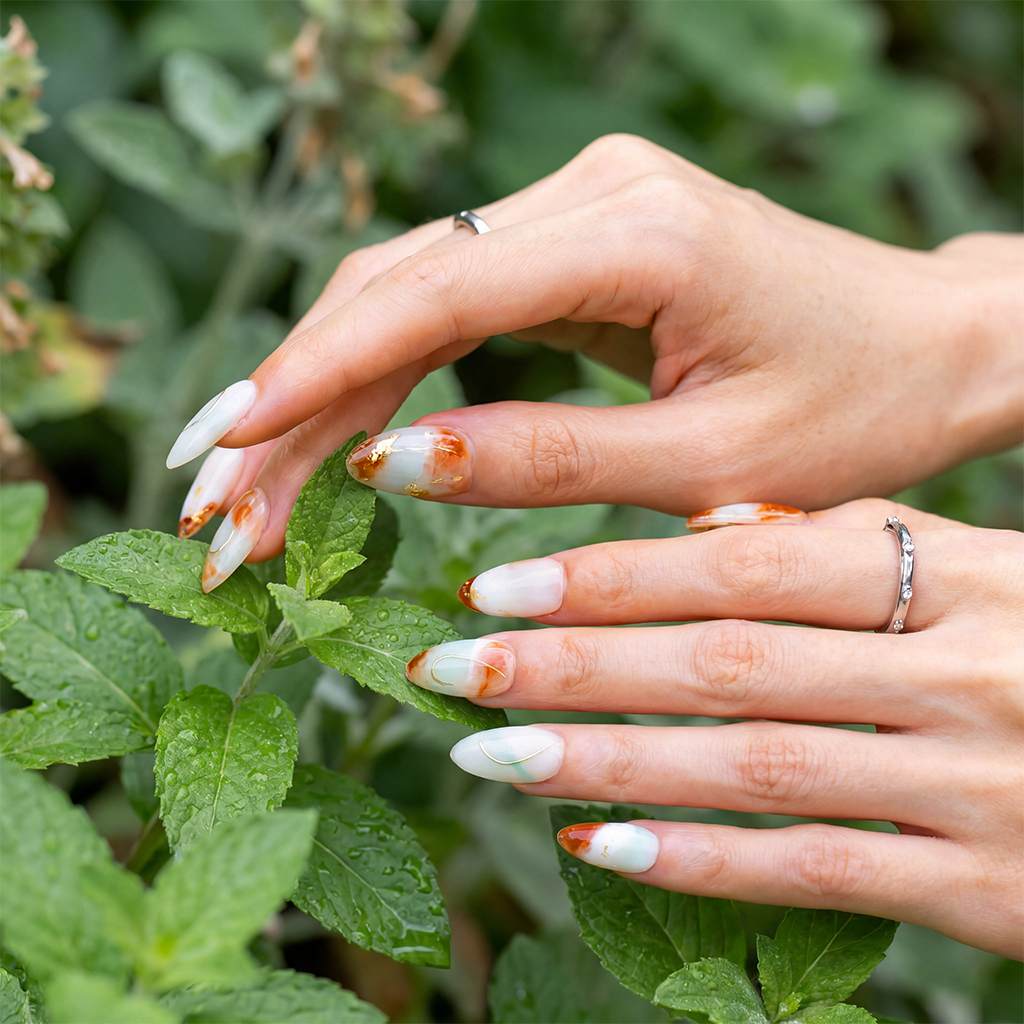 Jade Latte – Mint & Caramel Medium Almond Press-Ons with Marble Swirl & Gold Foil Accents