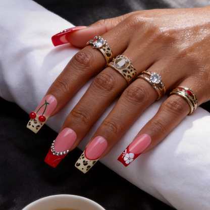 Cherry Leopard-Red & Nude Medium Square Press-Ons with 3D Cherry & Leopard Print Accents