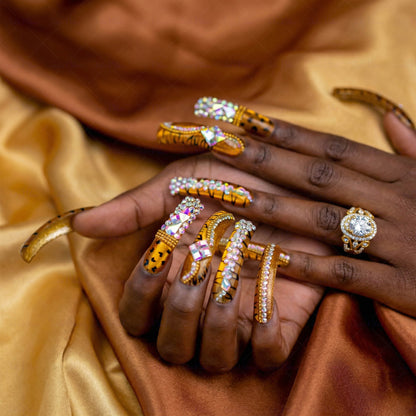 Tiger Glitz-Caramel Brown Long Downward Curved Press-Ons with Tiger Print & Rhinestone Accents