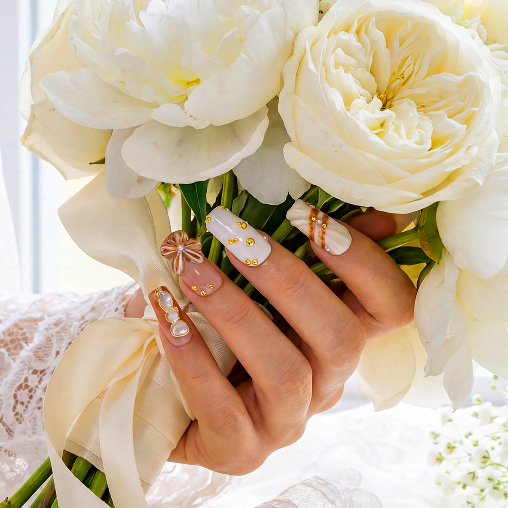 Coastal Pearl – Nude White Short Square Press-Ons with 3D Starfish & Seashell Accents
