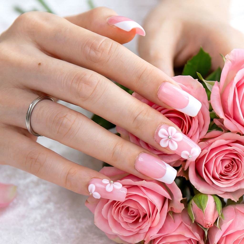 Blush Bloom – Soft Pink Medium Square Press-Ons with French Tips & 3D Floral Accents