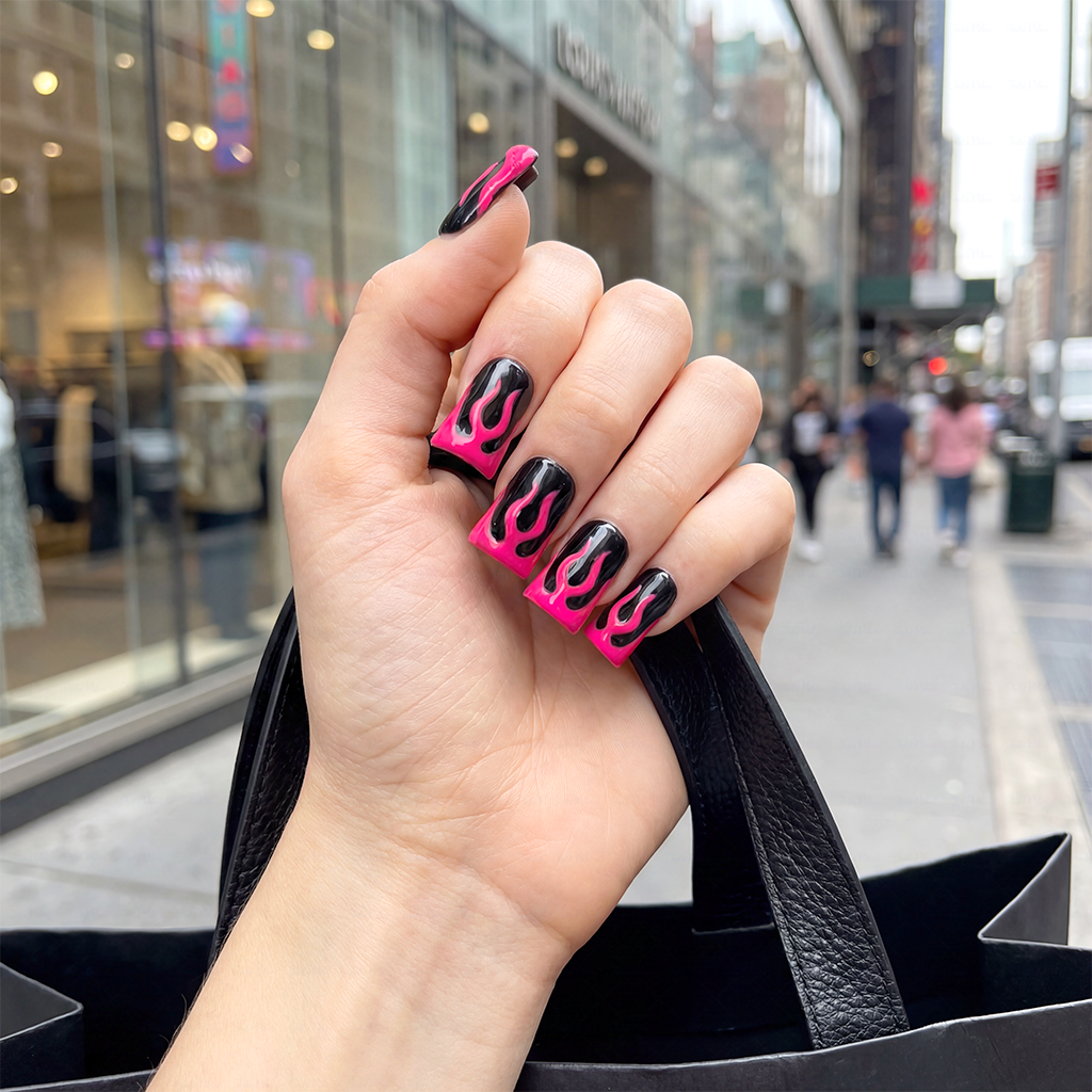 Blaze Pop – Hot Pink & Black Short Duck Press-Ons with Flame Graphics