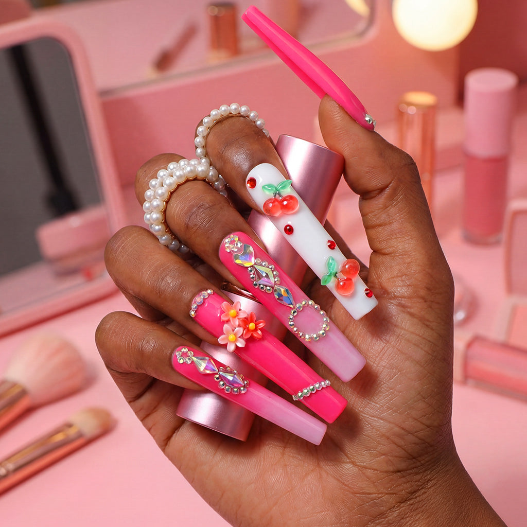 Cherry Blossom  Hot Pink Long Square Press-Ons with 3D Cherry & Flower Charms