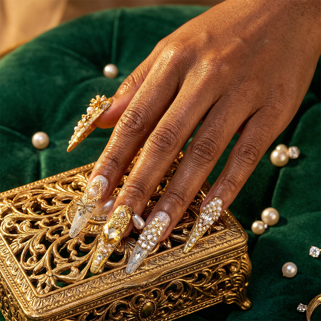 Made-to-Order | Champagne Regal Pearl – Gold & Ivory Glitter Long Stiletto Press-Ons with Pearl Gem Charms