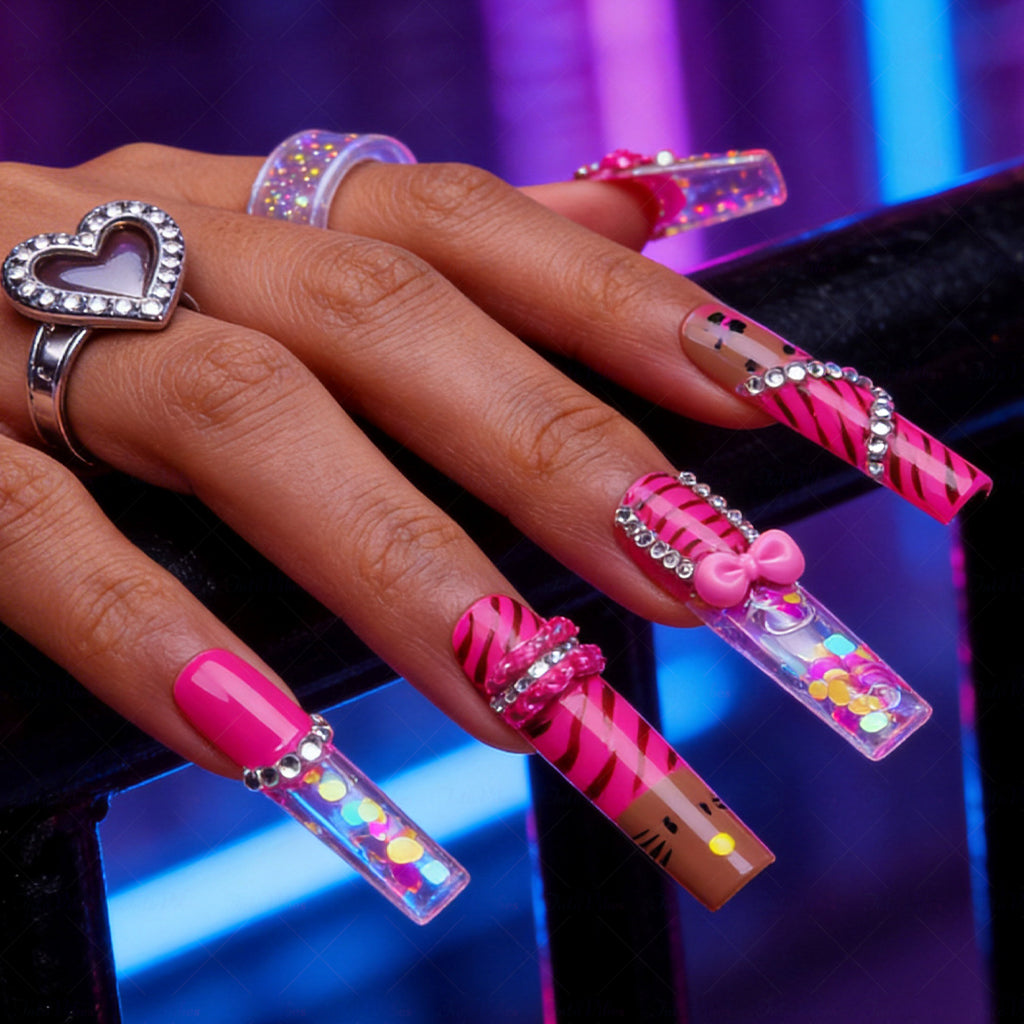 Kitty Leopard  Hot Pink & Brown Long Square Water Press-Ons with Tiger Print & 3D Bow Charms